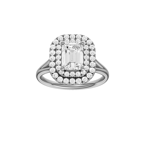 Emerald-cut diamond engagement ring with a plain band and double-halo setting.