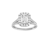 Emerald-cut diamond engagement ring with a channel-set diamond band and halo setting.