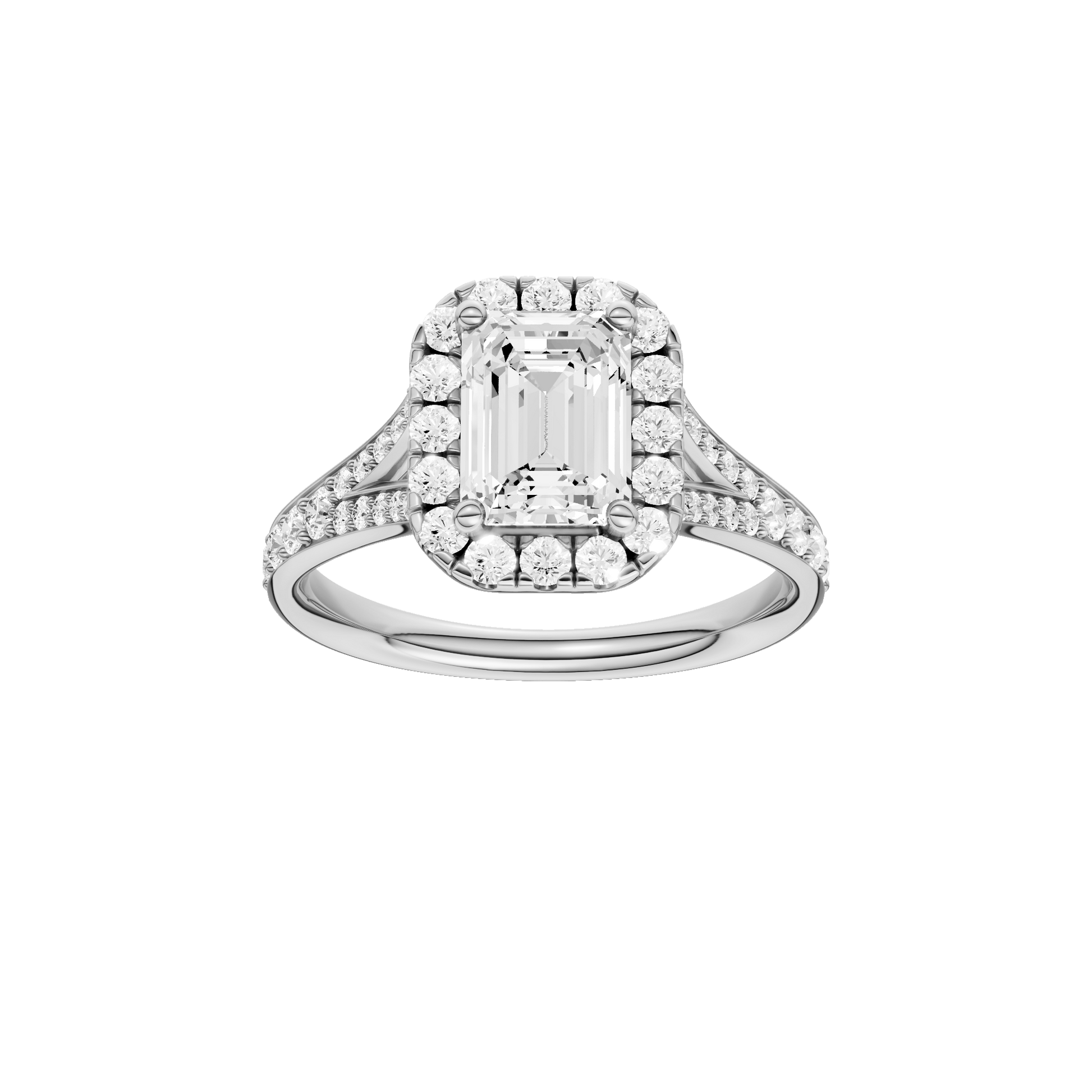 Emerald-cut diamond engagement ring with a channel-set diamond band and halo setting.