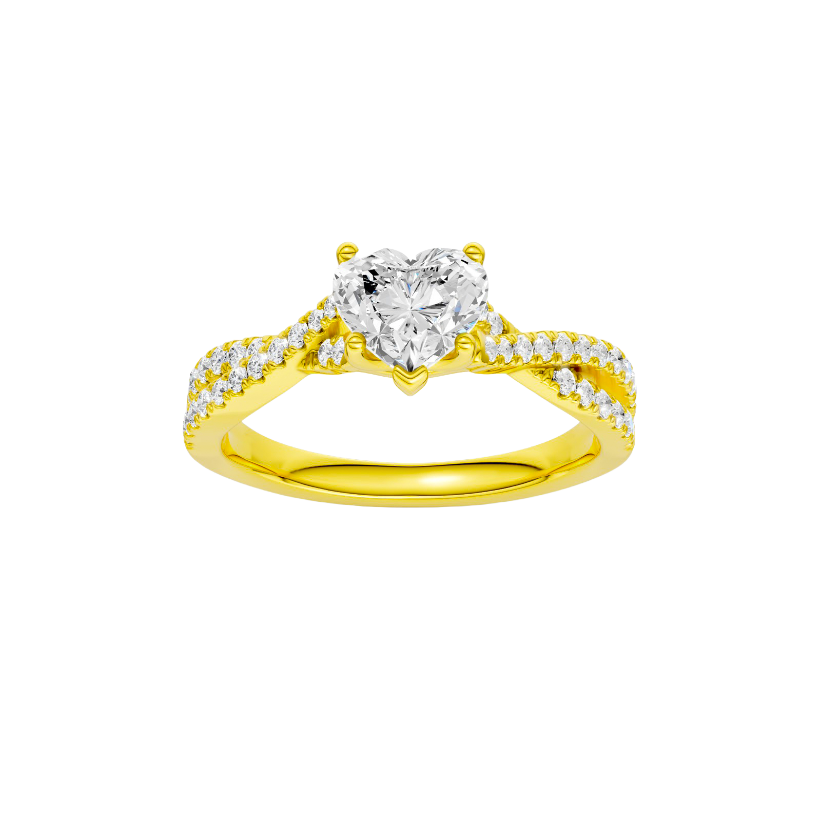 Heart-cut diamond engagement ring in 14k yellow gold with a prong-set diamond band and twist setting