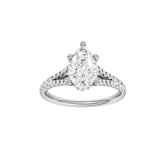 Pear-cut diamond engagement ring with a prong-set diamond band and hidden-halo setting.