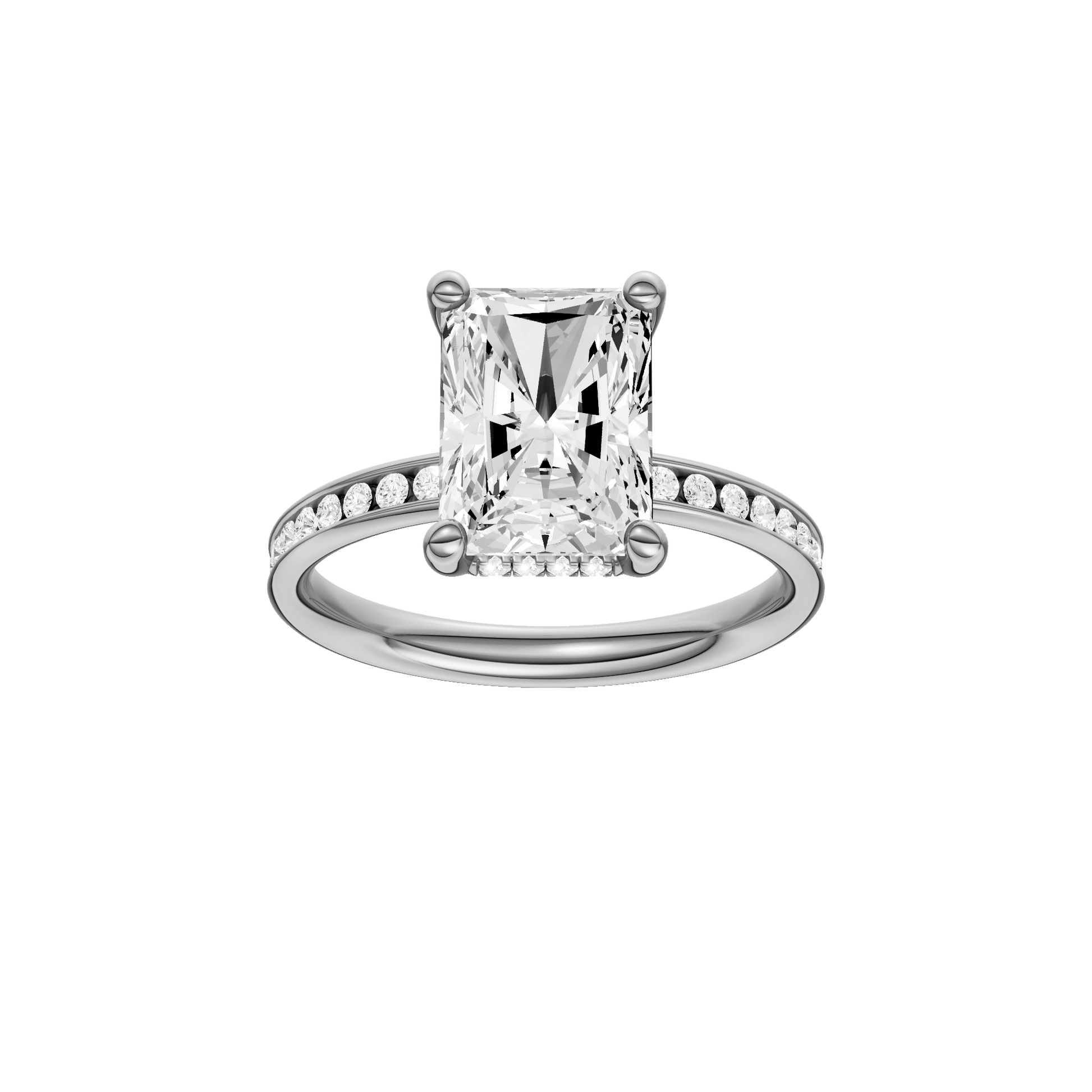 Radiant-cut diamond engagement ring with a channel-set diamond band and hidden-halo setting.