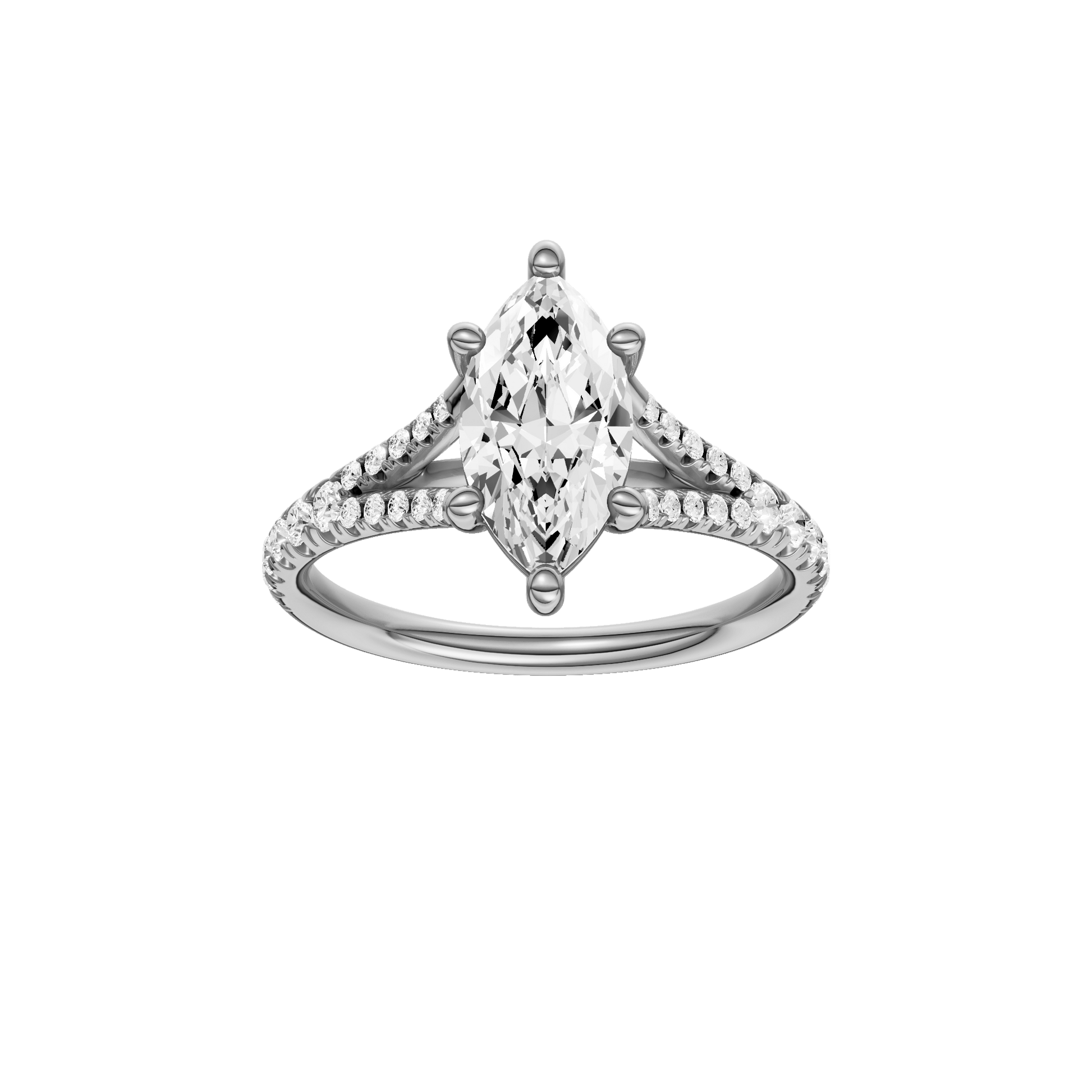 Marquise-cut diamond engagement ring with a prong-set diamond band and solitaire setting.