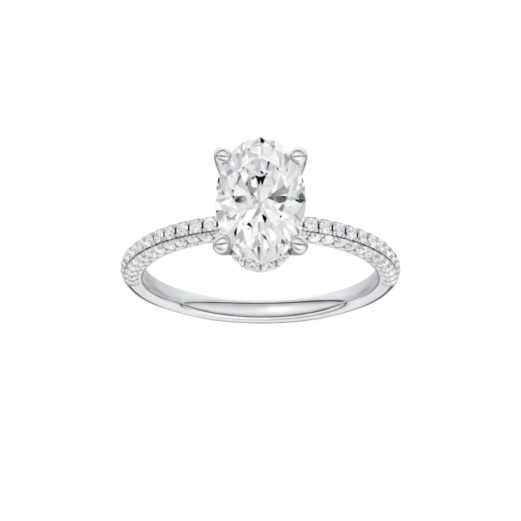 Marquise-cut diamond engagement ring with a pavé-set diamond band and solitaire setting.