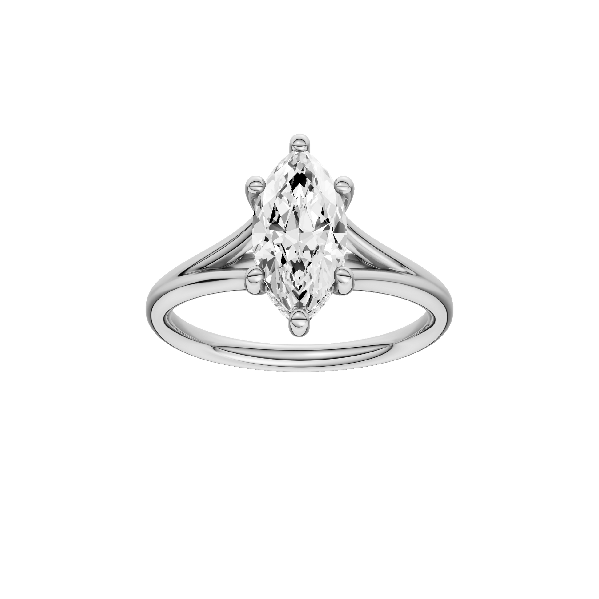 Marquise-cut diamond engagement ring with a plain band and hidden-halo setting.
