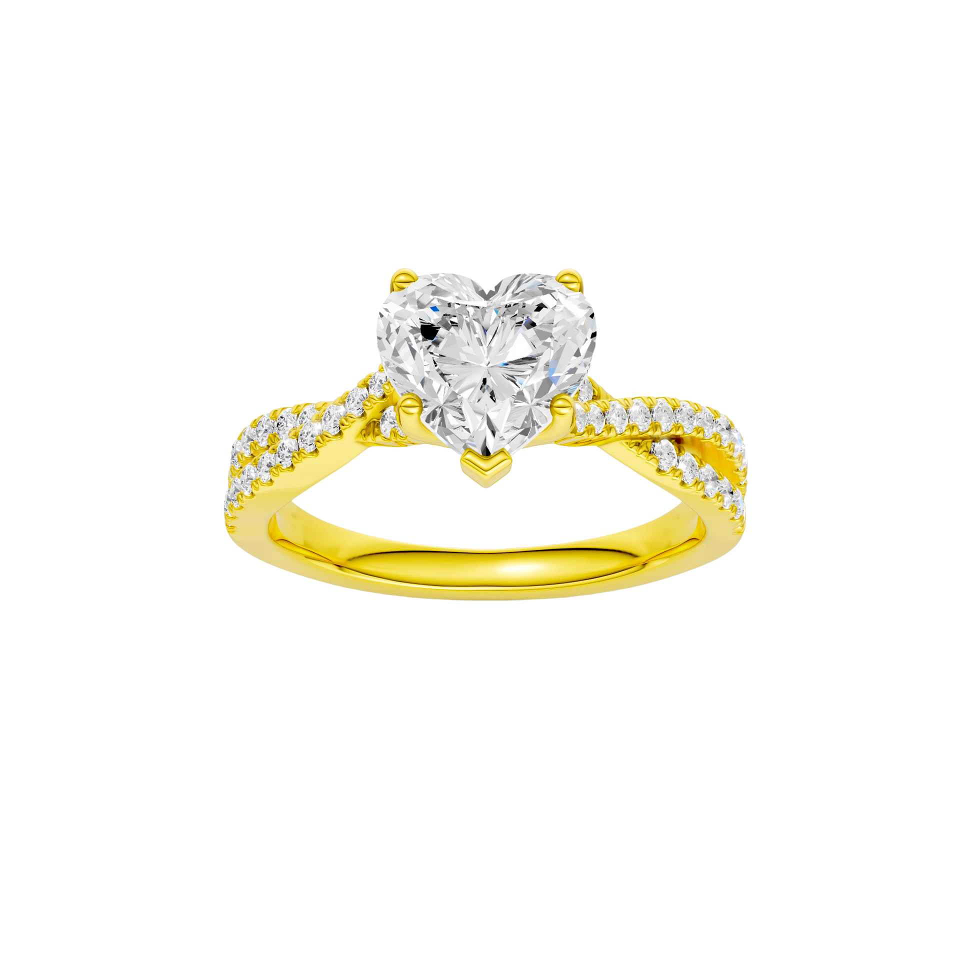 Heart-cut diamond engagement ring in 14k yellow gold with a prong-set diamond band and twist setting
