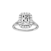 Radiant-cut diamond engagement ring with a plain band and halo setting.