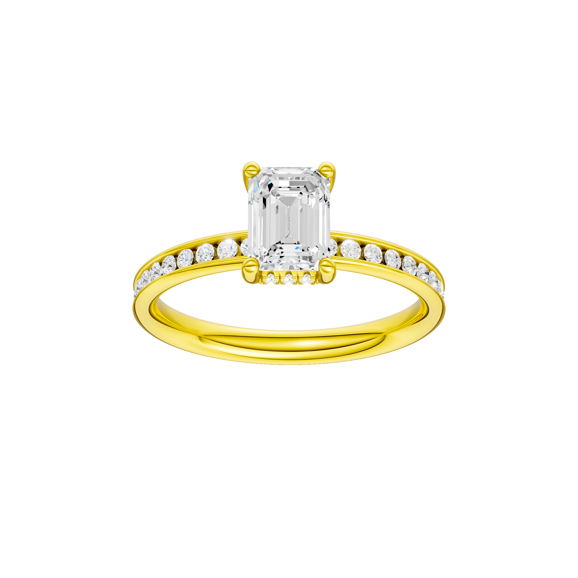 Emerald-cut diamond engagement ring with a channel-set diamond band and hidden-halo setting.