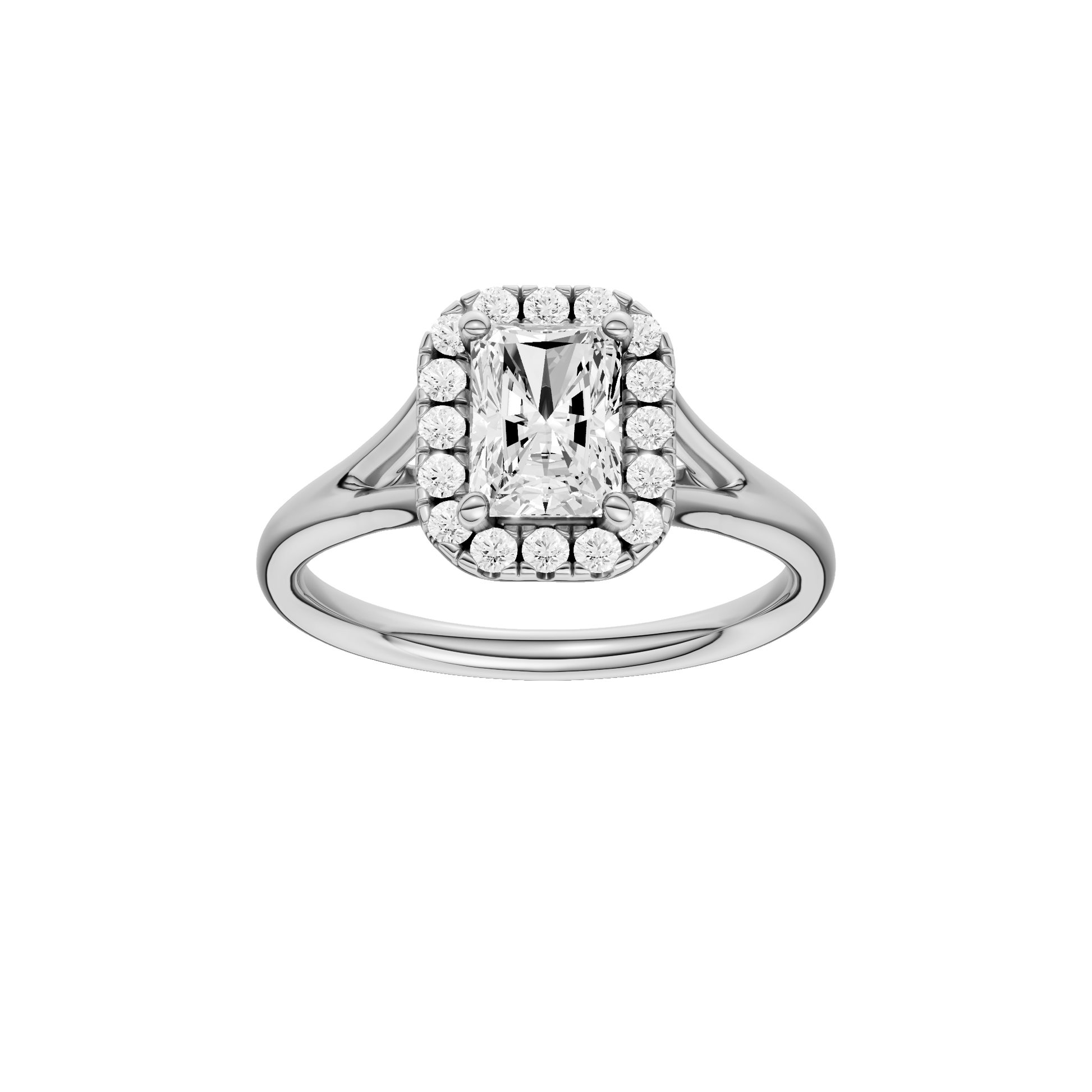 Radiant-cut diamond engagement ring with a plain band and halo setting.