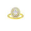 Oval-cut diamond engagement ring with a plain band and double-halo setting.