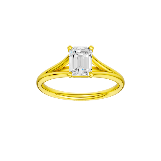 Emerald-cut diamond engagement ring with a plain band and solitaire setting.