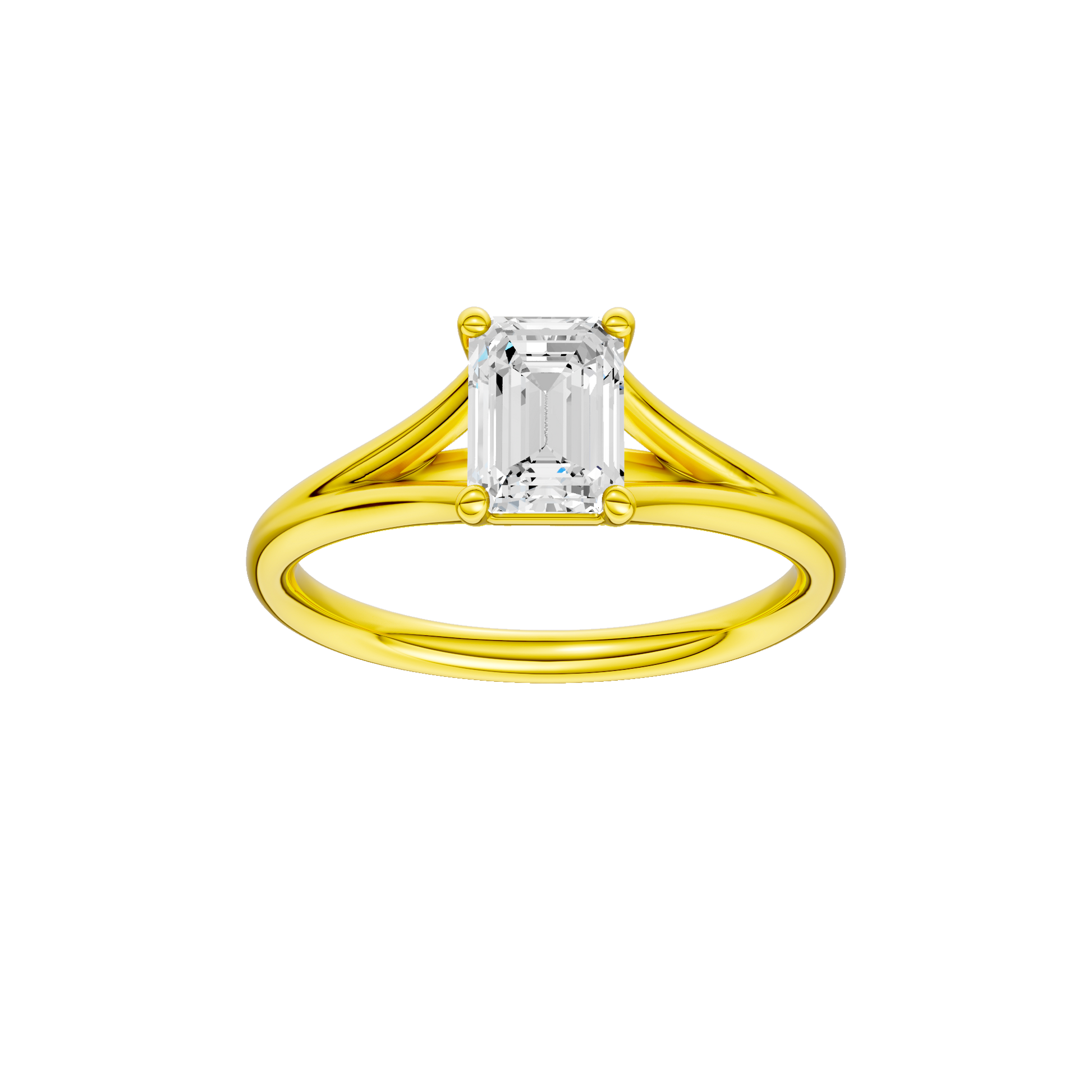Emerald-cut diamond engagement ring with a plain band and solitaire setting.