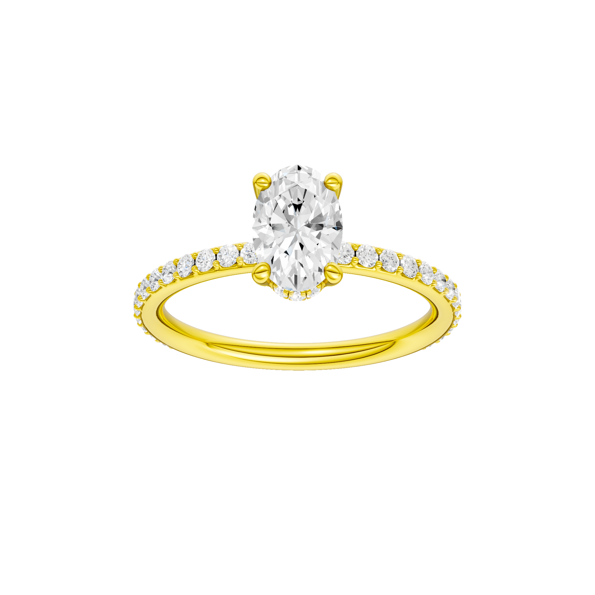 Oval-cut diamond engagement ring with a prong-set diamond band and hidden-halo setting.