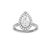 Pear-cut diamond engagement ring with a channel-set diamond band and halo setting.