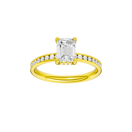 Emerald-cut diamond engagement ring with a channel-set diamond band and hidden-halo setting.