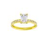 Emerald-cut diamond engagement ring with a channel-set diamond band and hidden-halo setting.