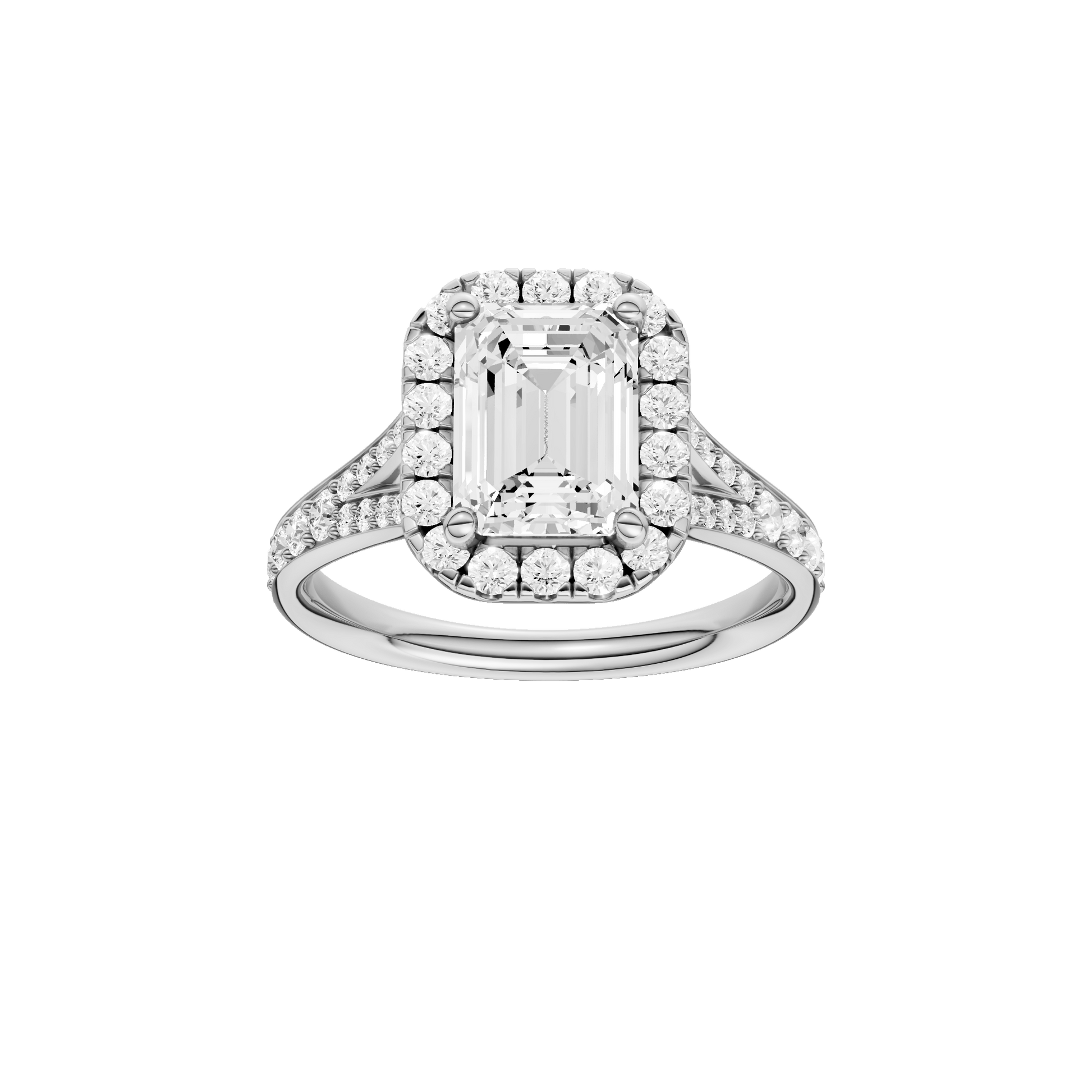 Emerald-cut diamond engagement ring with a channel-set diamond band and halo setting.