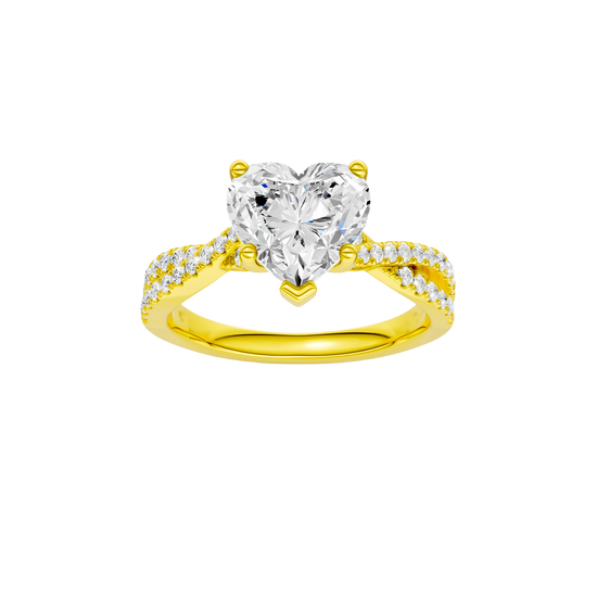Heart-cut diamond engagement ring in 14k yellow gold with a prong-set diamond band and twist setting