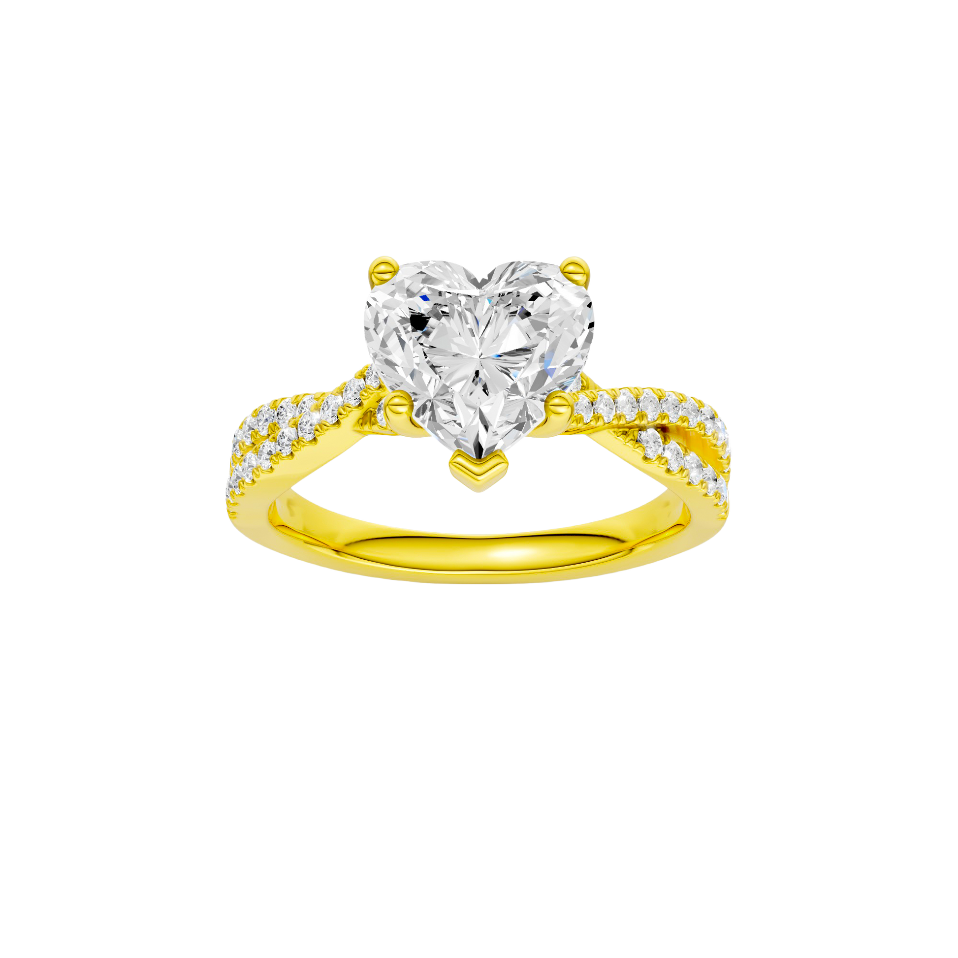 Heart-cut diamond engagement ring in 14k yellow gold with a prong-set diamond band and twist setting