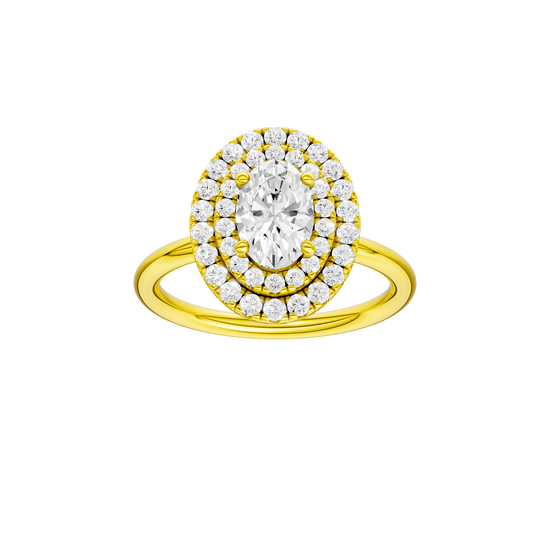 Oval-cut diamond engagement ring with a plain band and double-halo setting.