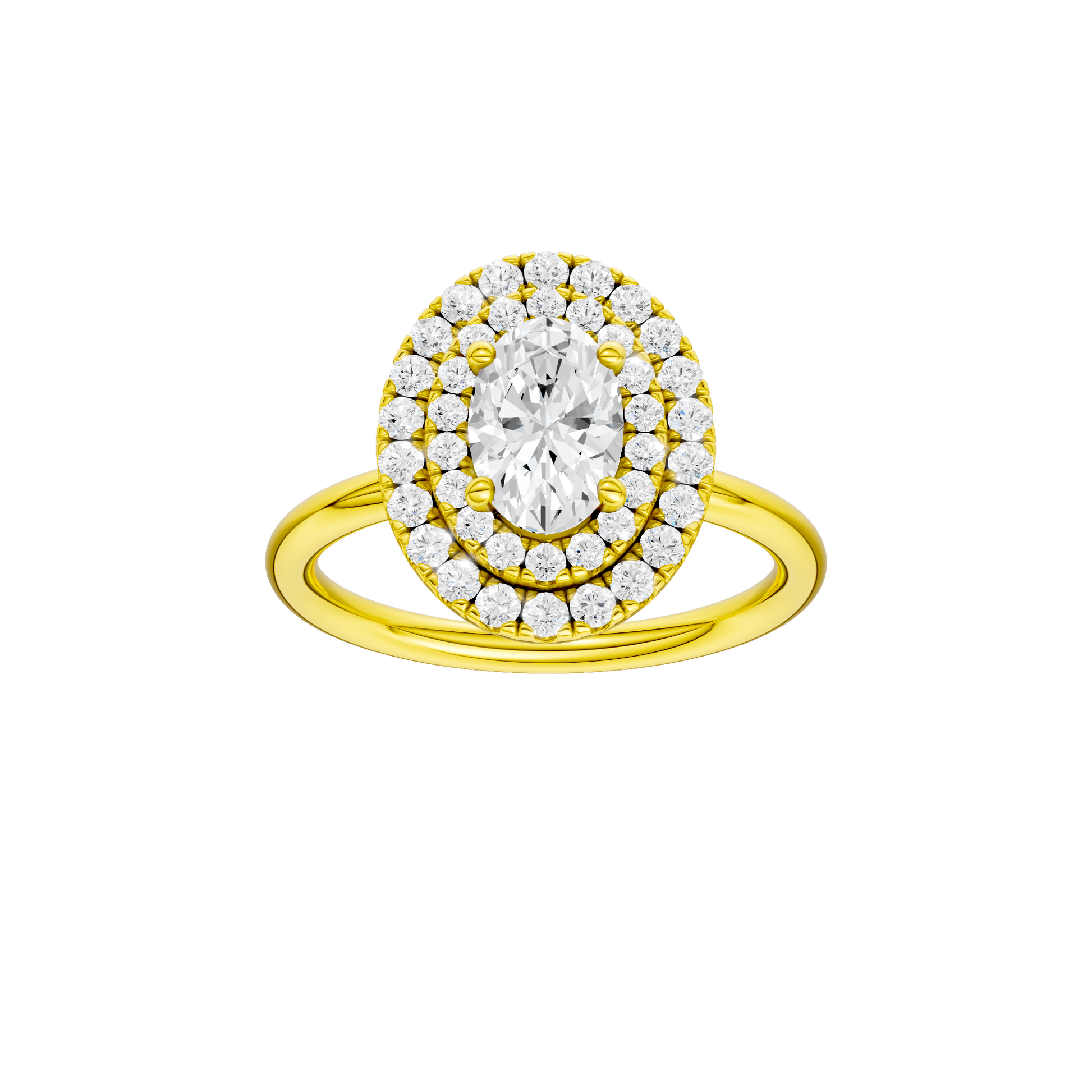 Oval-cut diamond engagement ring with a plain band and double-halo setting.