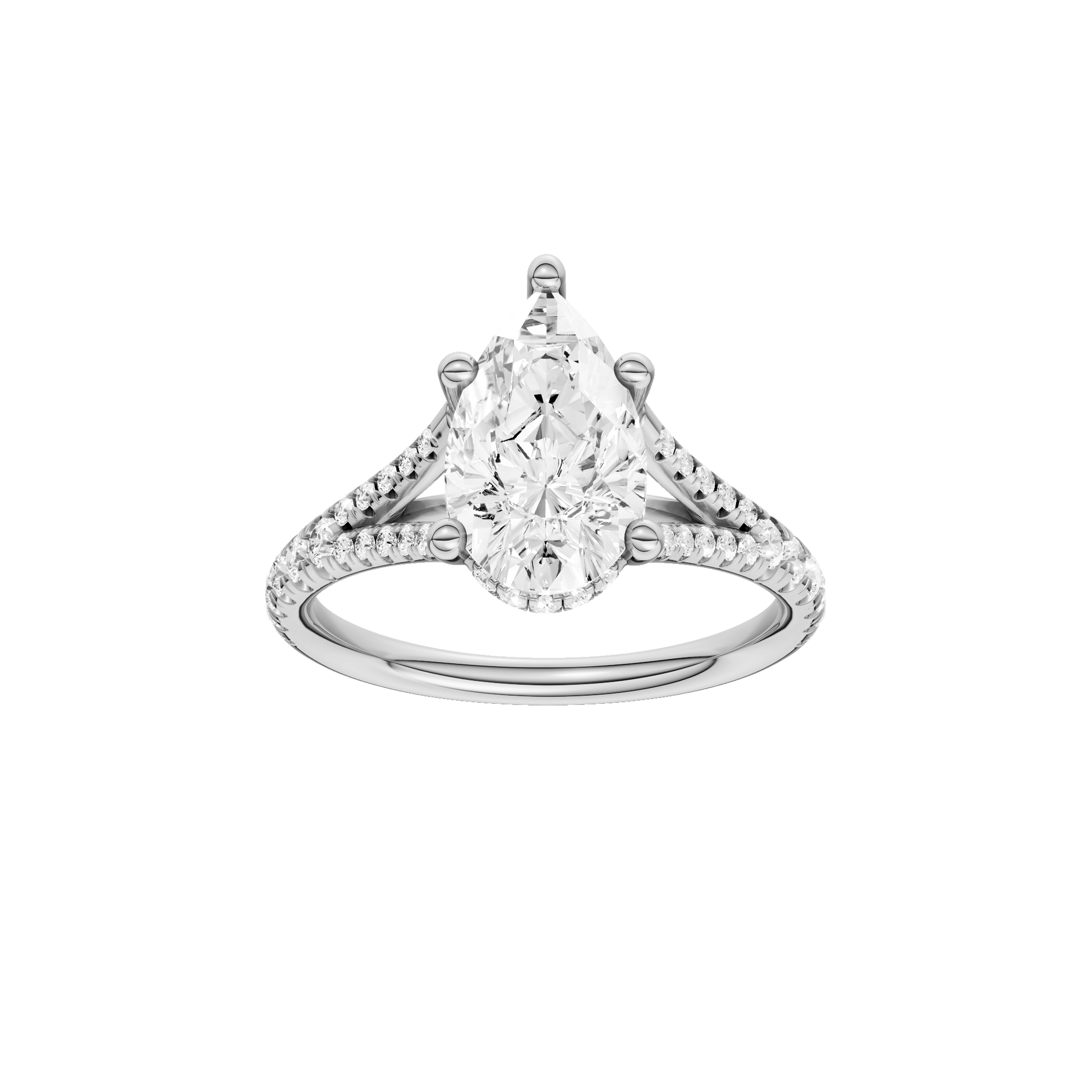 Pear-cut diamond engagement ring with a prong-set diamond band and hidden-halo setting.