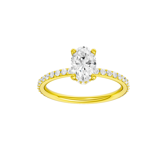 Oval-cut diamond engagement ring with a prong-set diamond band and hidden-halo setting.