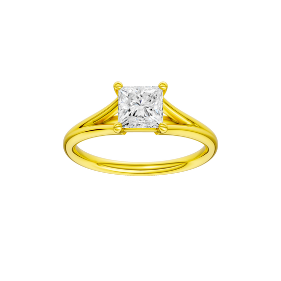 Princess-cut diamond engagement ring with a plain band and solitaire setting.