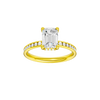 Emerald-cut diamond engagement ring with a channel-set diamond band and hidden-halo setting.