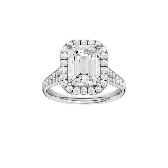 Emerald-cut diamond engagement ring with a channel-set diamond band and halo setting.