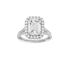 Emerald-cut diamond engagement ring with a channel-set diamond band and halo setting.