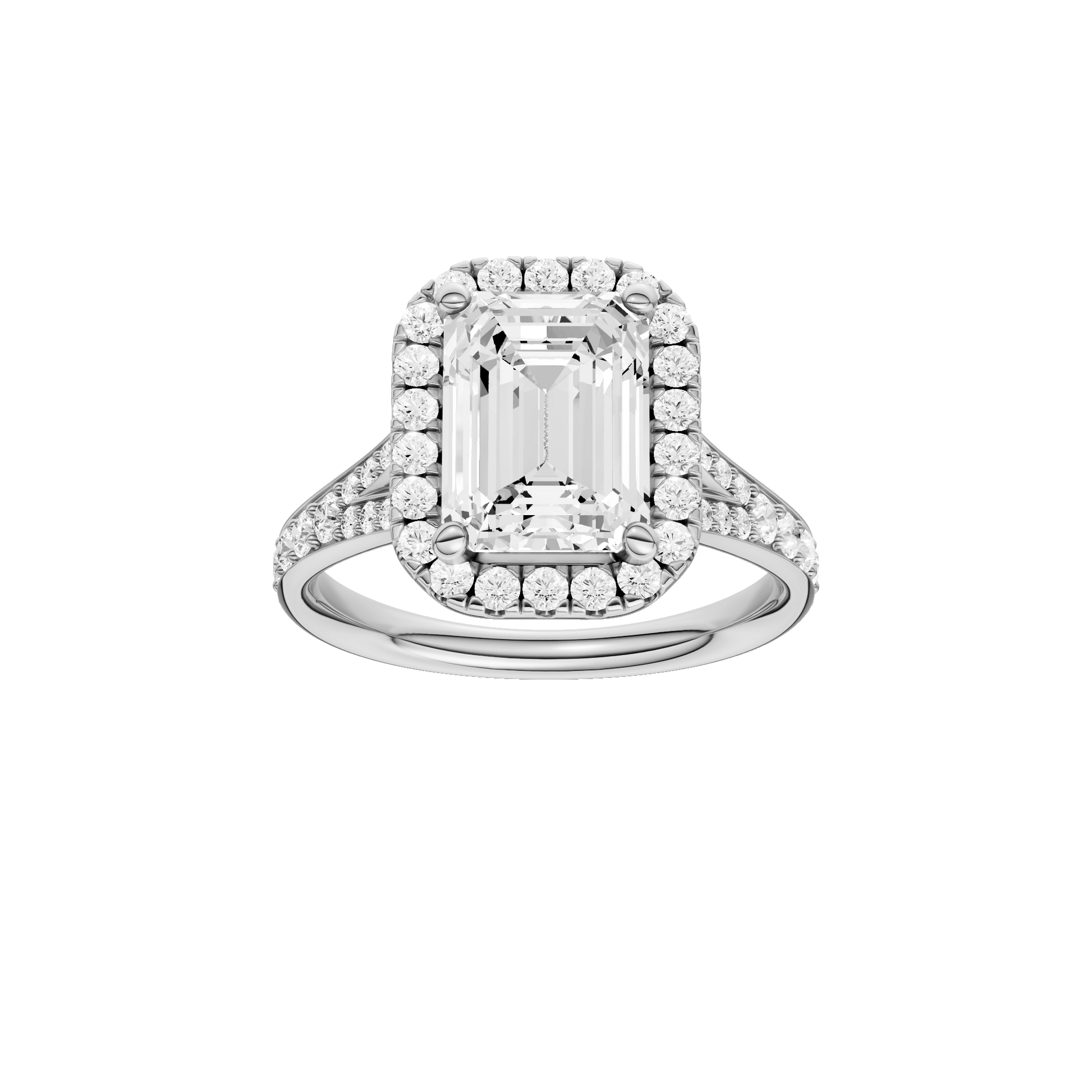 Emerald-cut diamond engagement ring with a channel-set diamond band and halo setting.