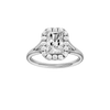 Radiant-cut diamond engagement ring with a plain band and halo setting.