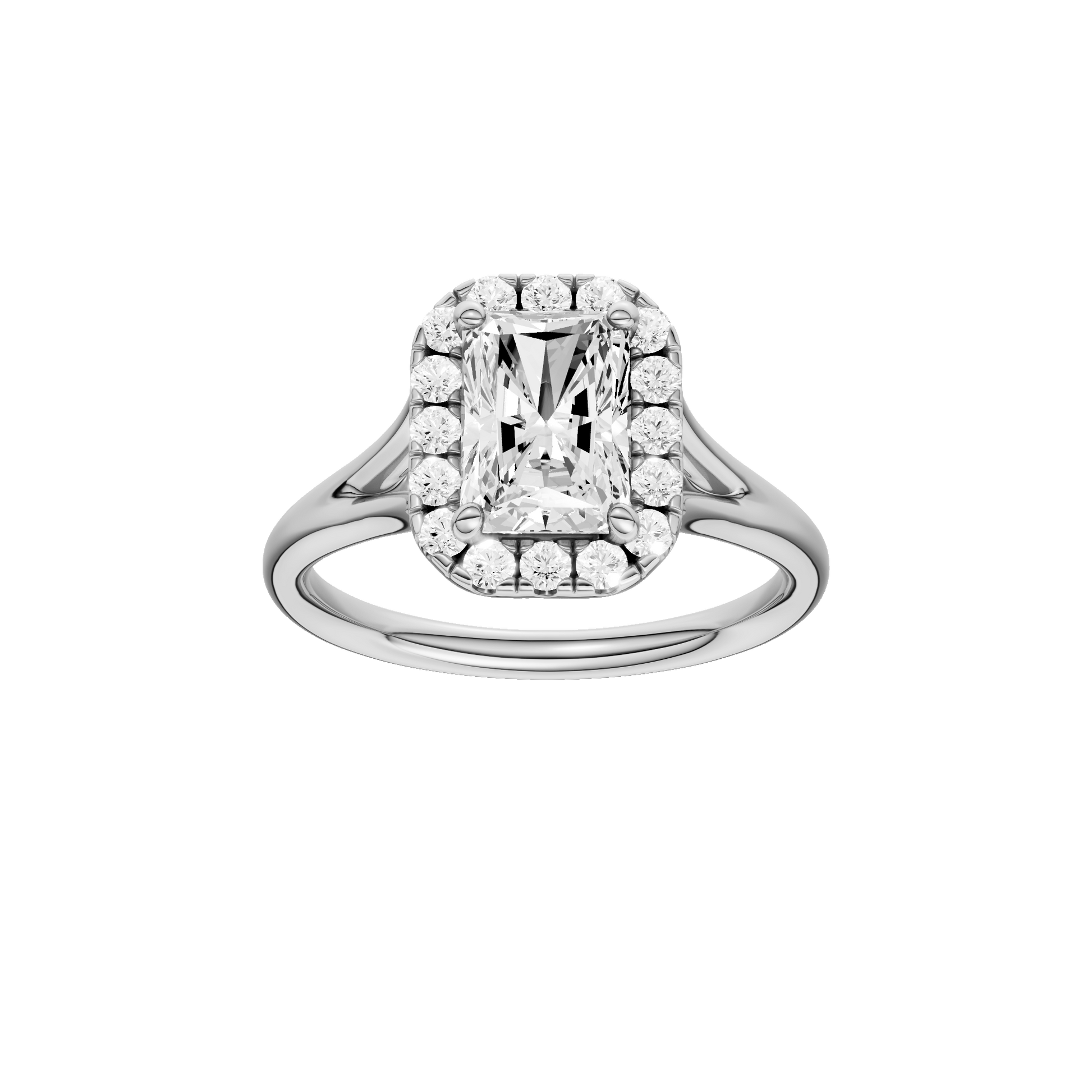 Radiant-cut diamond engagement ring with a plain band and halo setting.