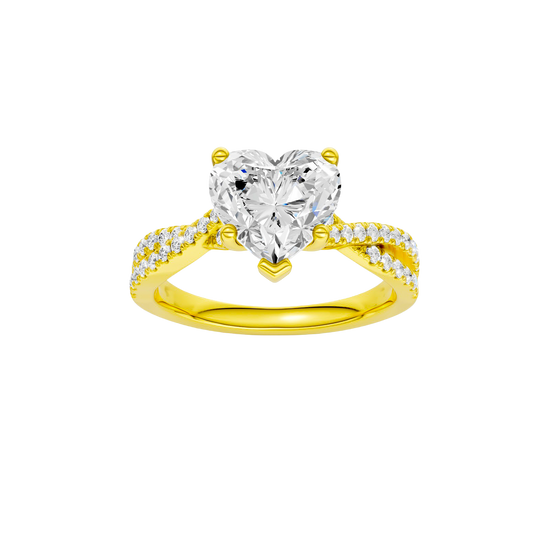 Heart-cut diamond engagement ring in 14k yellow gold with a prong-set diamond band and twist setting