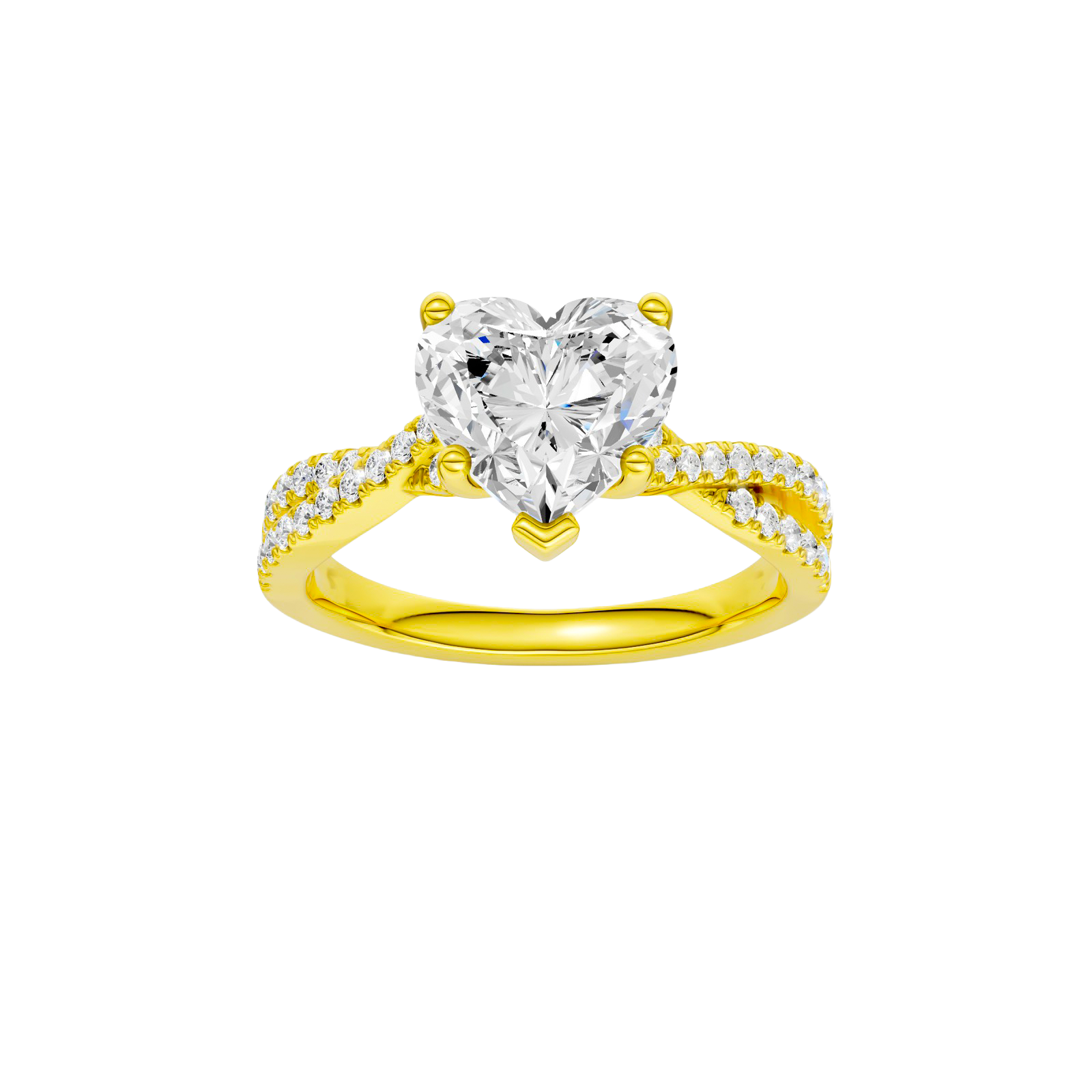 Heart-cut diamond engagement ring in 14k yellow gold with a prong-set diamond band and twist setting