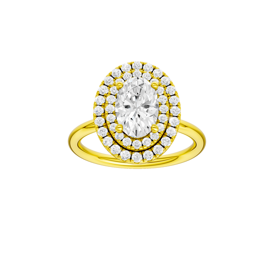 Oval-cut diamond engagement ring with a plain band and double-halo setting.
