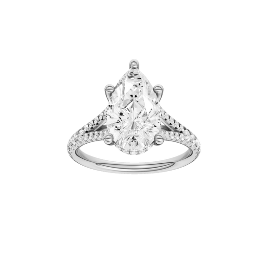 Pear-cut diamond engagement ring with a prong-set diamond band and hidden-halo setting.
