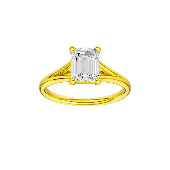 Emerald-cut diamond engagement ring with a plain band and solitaire setting.