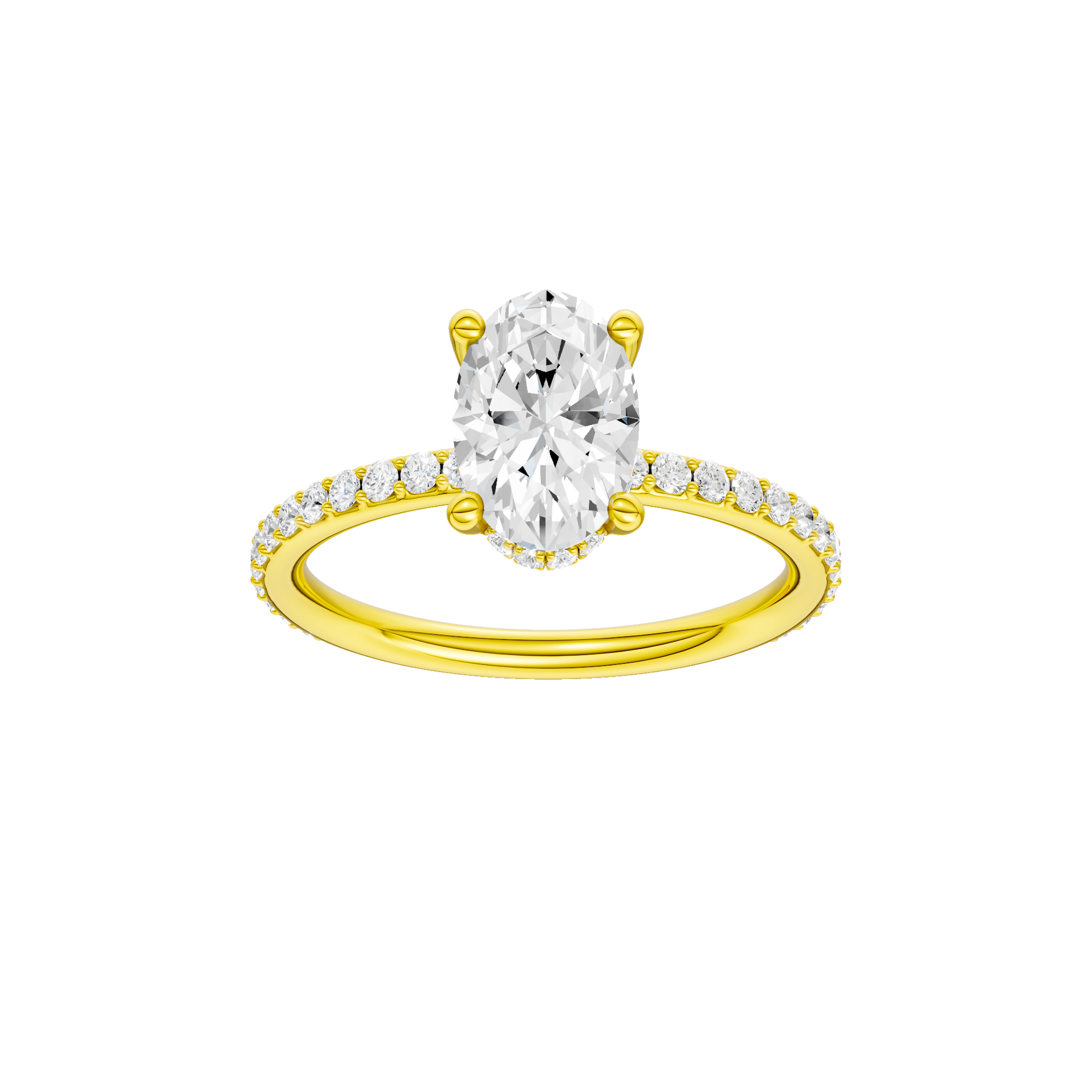 Oval-cut diamond engagement ring with a prong-set diamond band and hidden-halo setting.