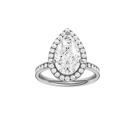 Pear-cut diamond engagement ring with a channel-set diamond band and halo setting.