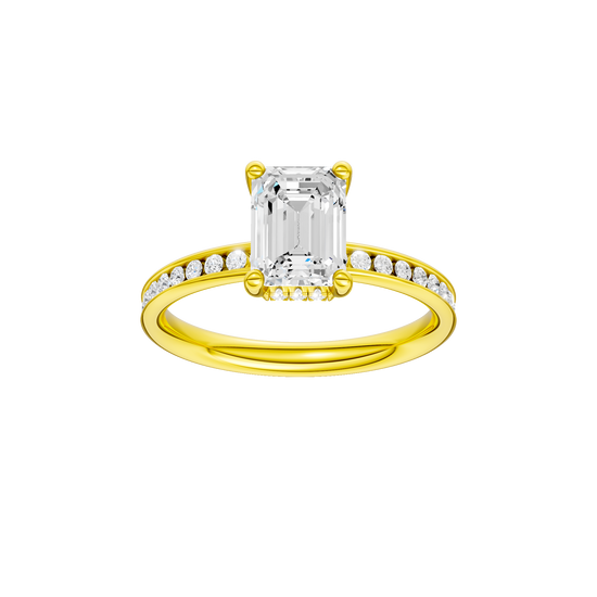 Emerald-cut diamond engagement ring with a channel-set diamond band and hidden-halo setting.