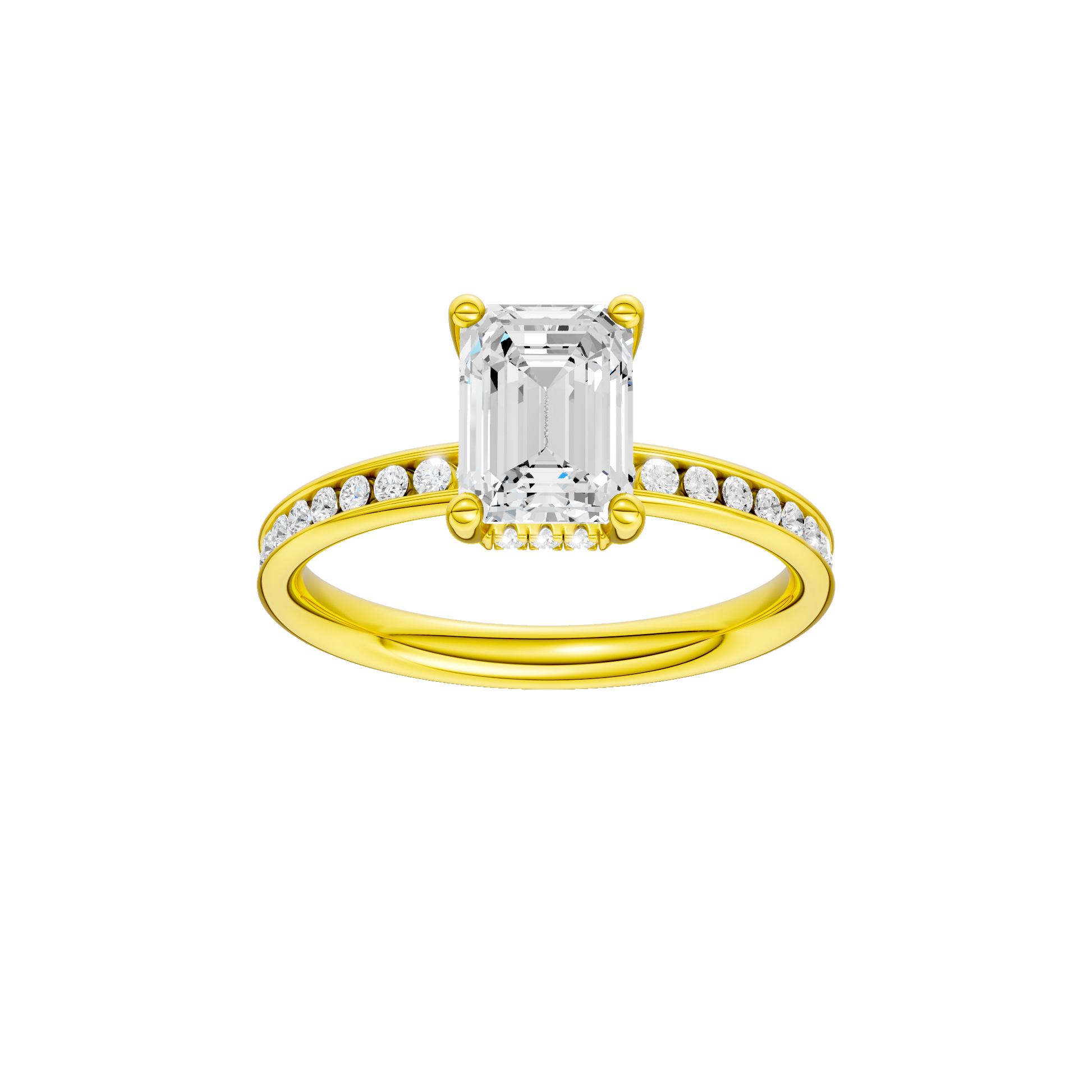 Emerald-cut diamond engagement ring with a channel-set diamond band and hidden-halo setting.