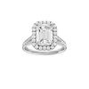 Emerald-cut diamond engagement ring with a channel-set diamond band and halo setting.