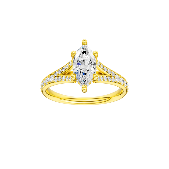 Marquise-cut diamond engagement ring with a channel-set diamond band and hidden-halo setting.