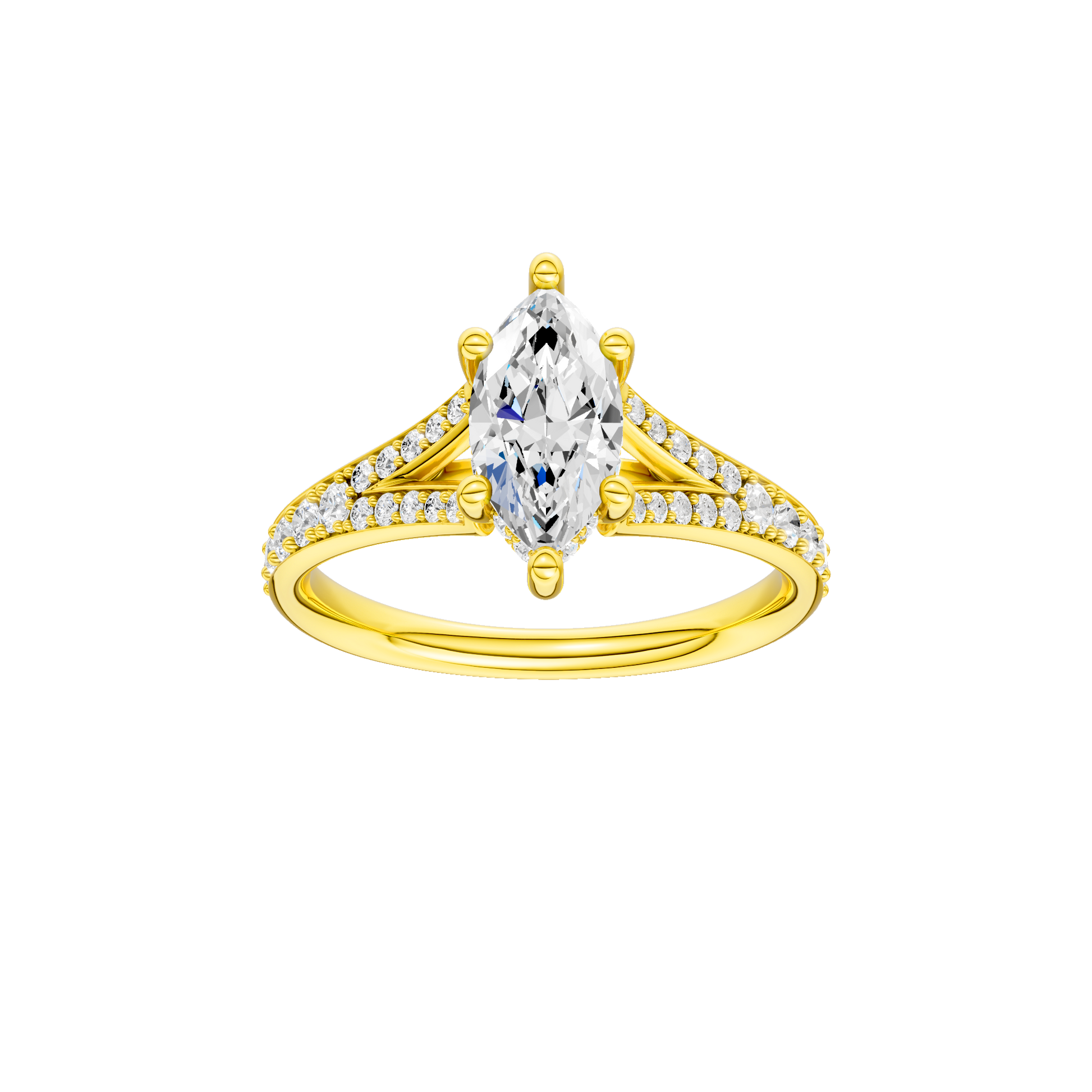 Marquise-cut diamond engagement ring with a channel-set diamond band and hidden-halo setting.