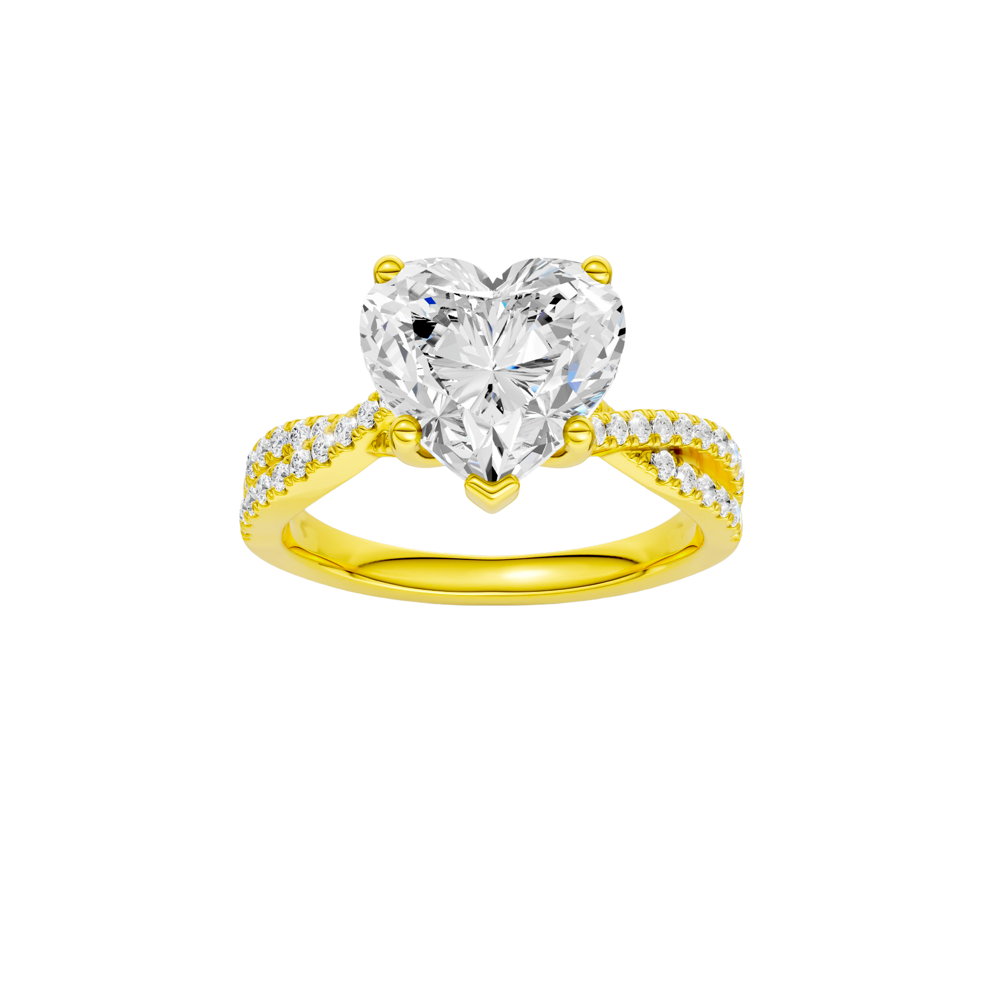 Heart-cut diamond engagement ring in 14k yellow gold with a prong-set diamond band and twist setting