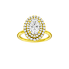 Oval-cut diamond engagement ring with a plain band and double-halo setting.