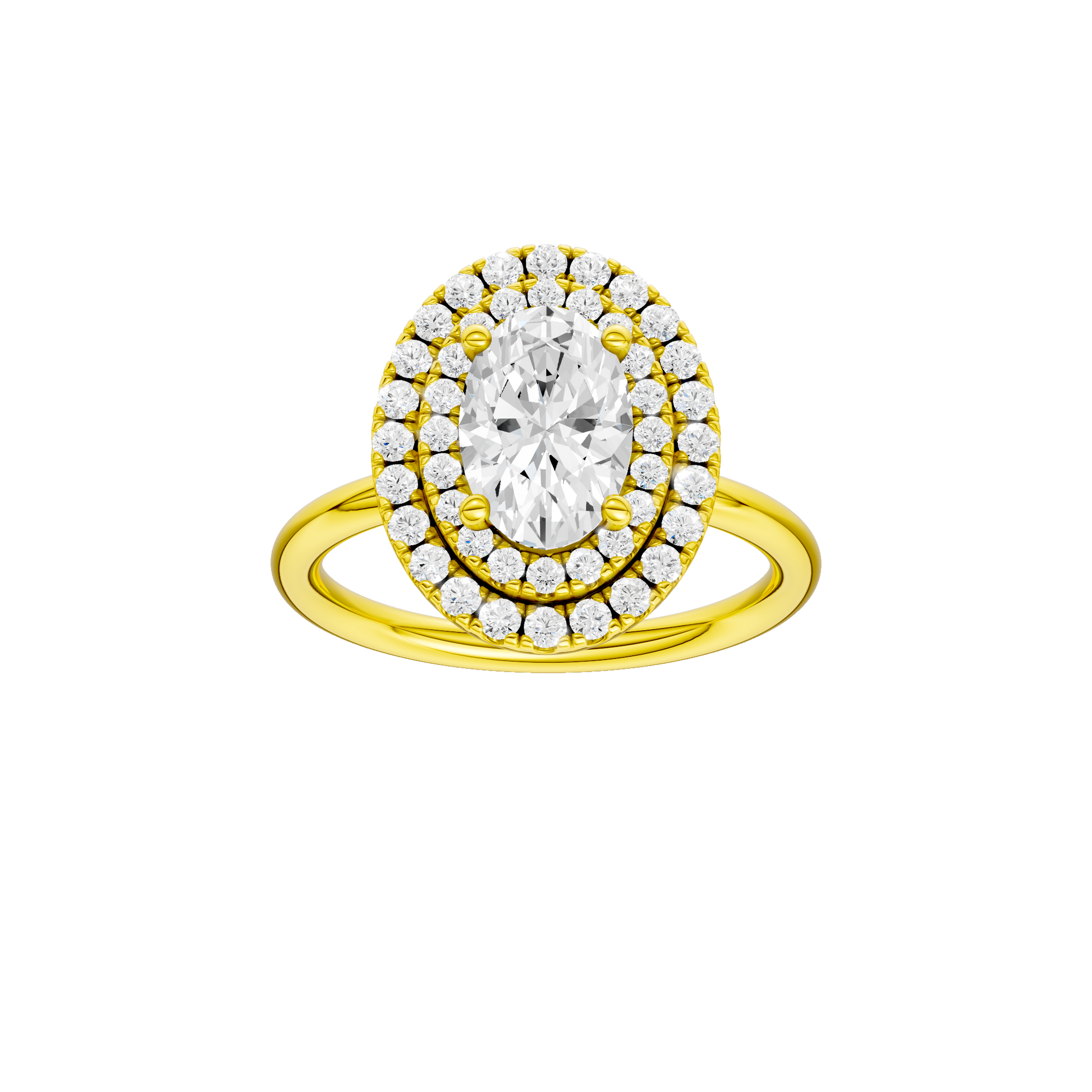 Oval-cut diamond engagement ring with a plain band and double-halo setting.