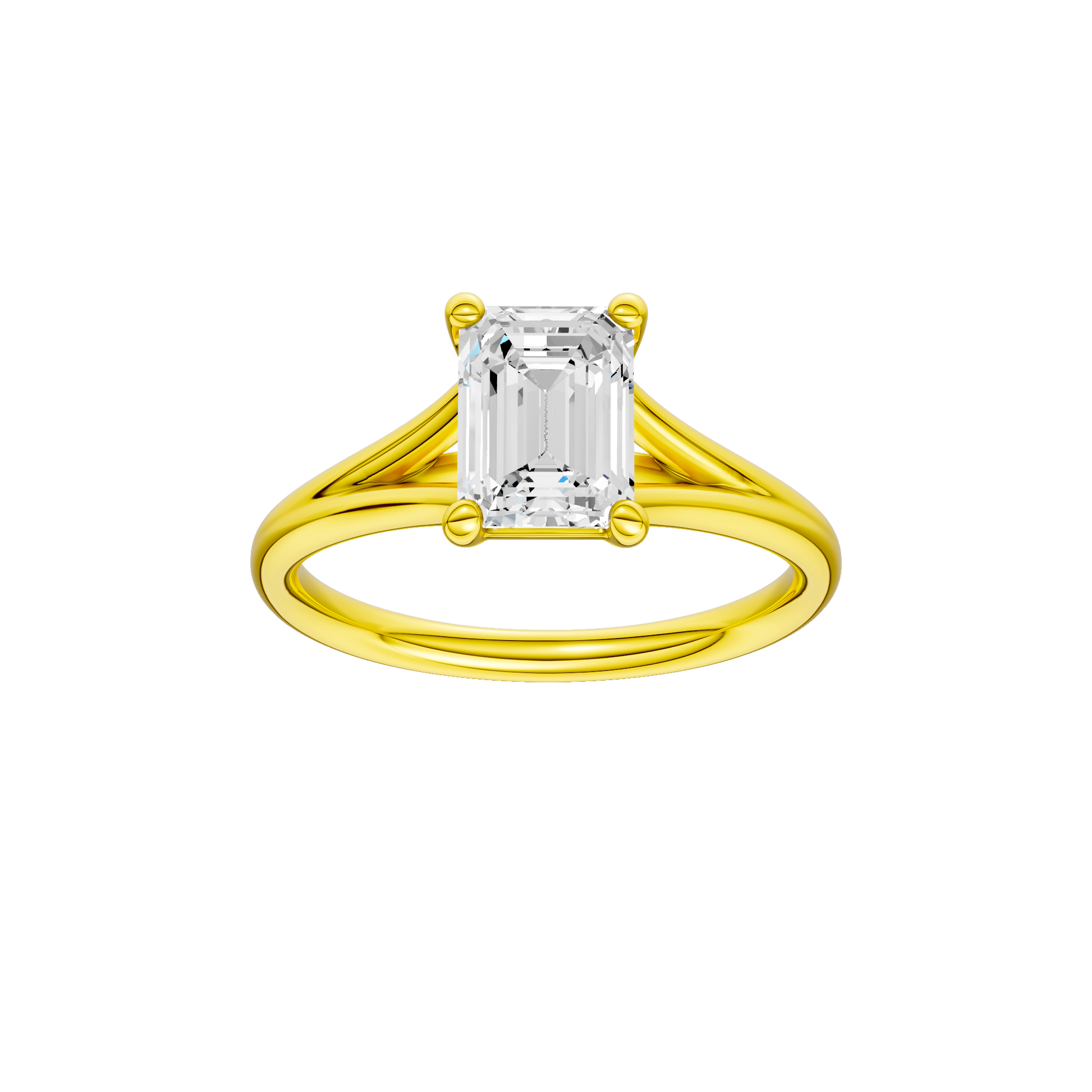 Emerald-cut diamond engagement ring with a plain band and solitaire setting.